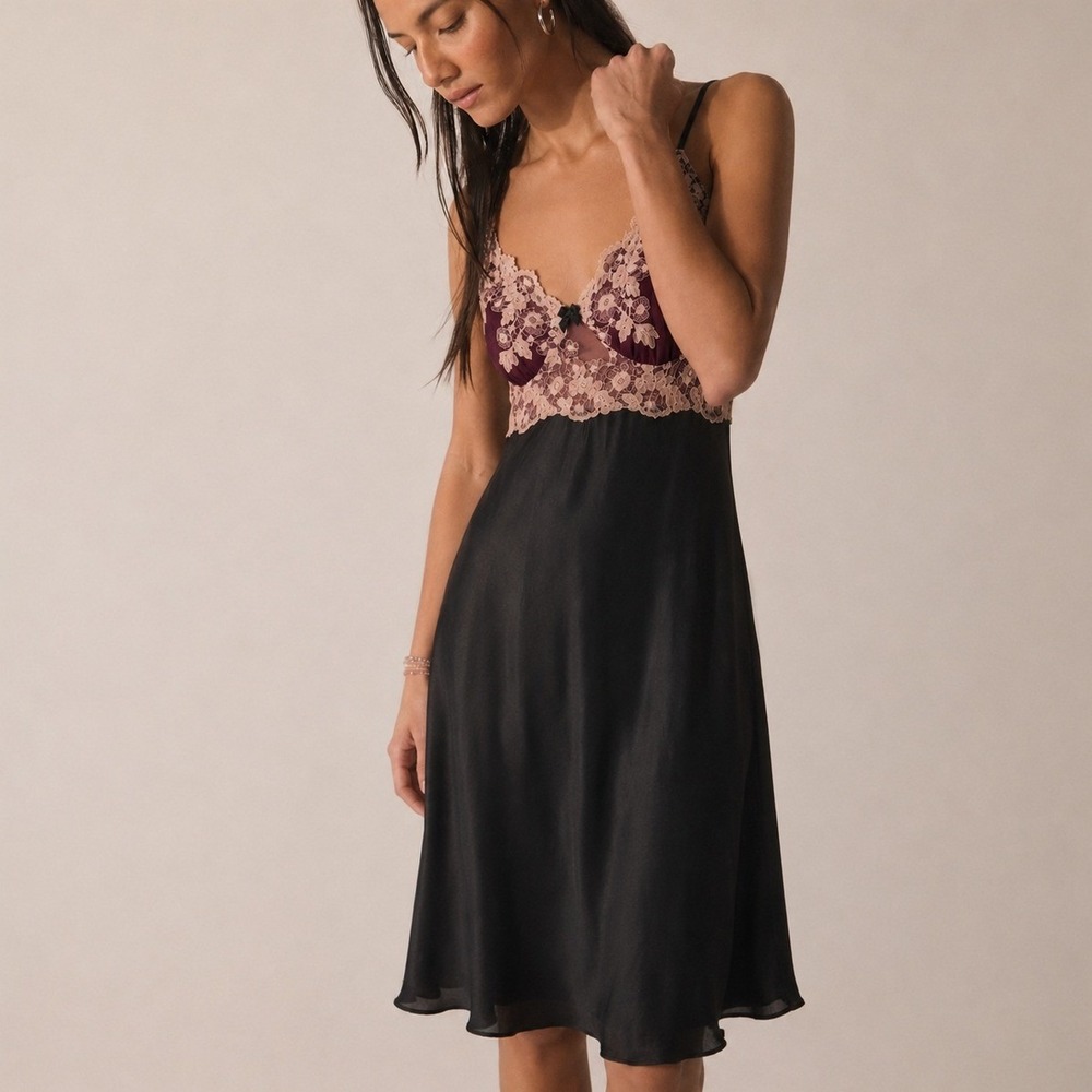 Lace‎ Babydoll Slip Dress L Black Satin Coquette Fairycore Romantic Feminine VTG